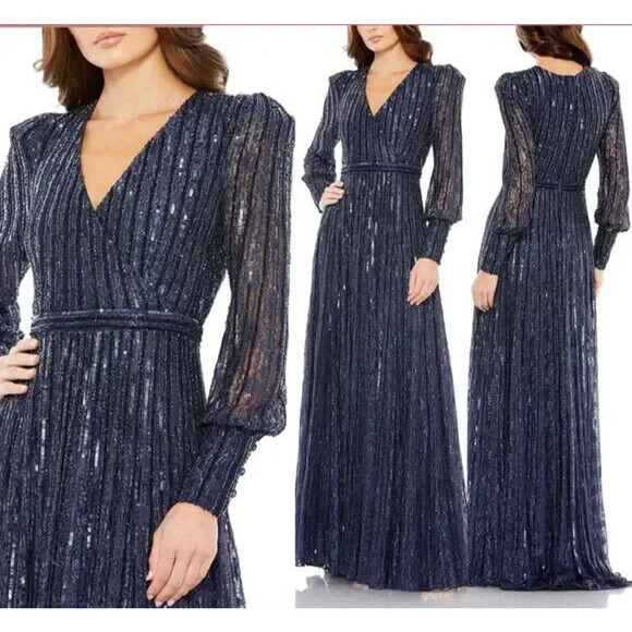 Mac Duggal 93679 Beaded Lace Long Sleeve Wrap Over Gown Midnight Navy Blue Sz 12 - Picture 1 of 6
